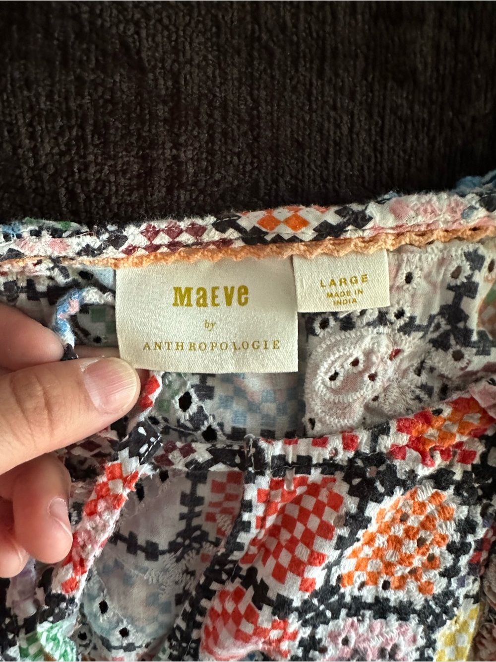 Maeve Anthropologie 100% Cotton Multicolor Crochet-Print Ruffle Tie Blouse Large - Picture 4 of 8